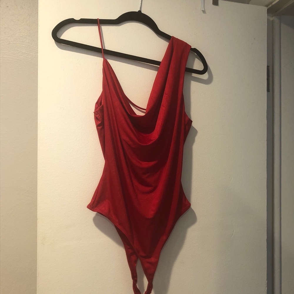 Red off shoulder open back body suit